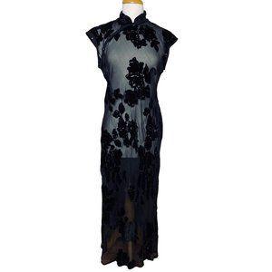Vintage 90s Y2K Sheer Black Velvet Burnout Qipao-Style Maxi Dress, Size Medium
